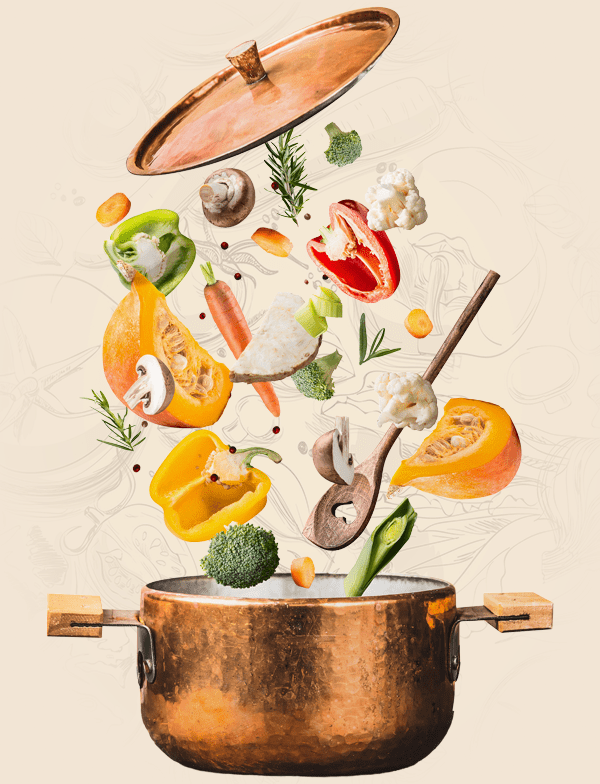 Healthy vegetarian eating and cooking with various flying chopped vegetables